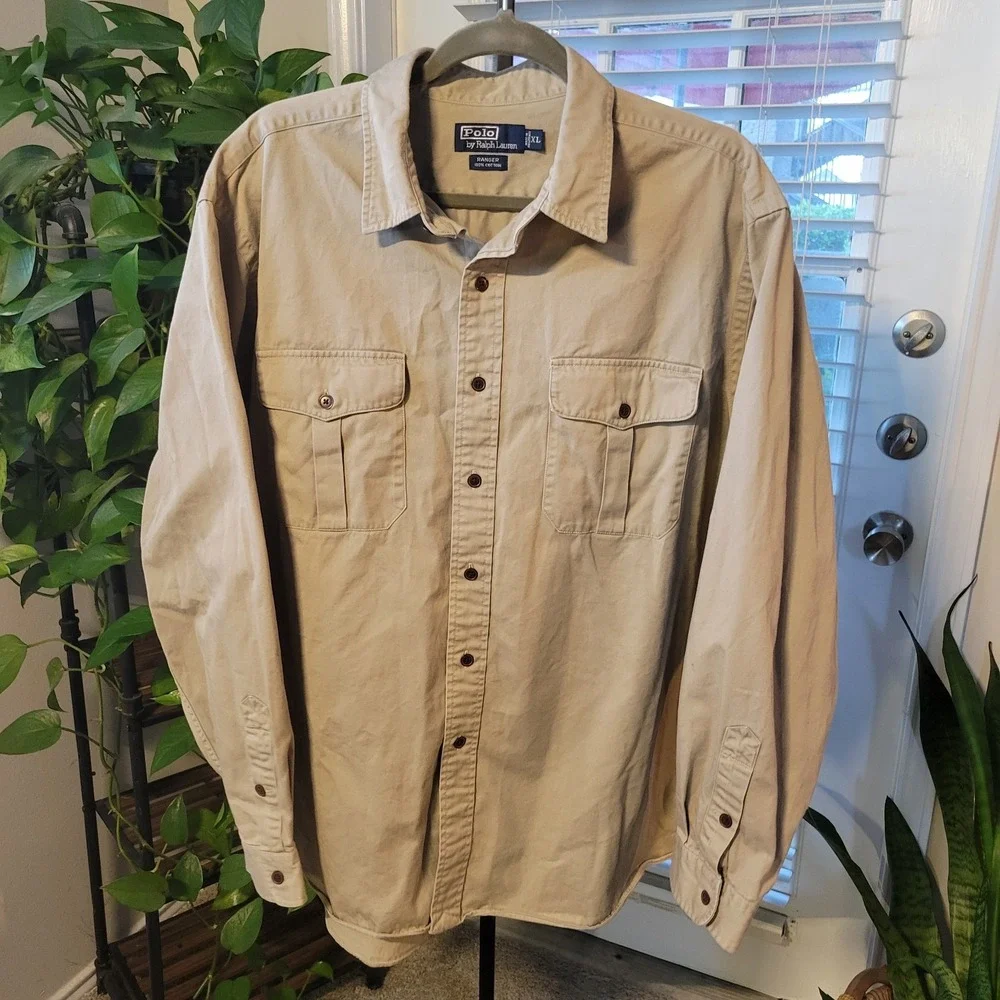 VTG POLO RALPH LAUREN MENS XL RANGER BUTTON DOWN LONG SLEEVE SHIRT SAFARI TAN